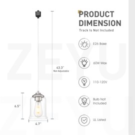 zeyu Modern 1 Pack Track Pendant Lighting, H Type Track Rail Hanging Lantern for Kitchen Dining Room, Clear Glass Shade, Brushed Nickel Finish, ZSL104TP BN