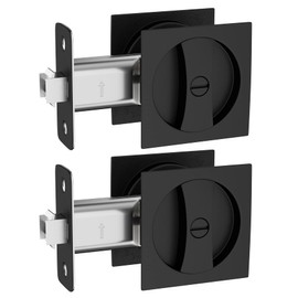 Haidms 2 Pack Matte Black Pocket Door Lock and Handle - Square Black Pocket Door Hardware