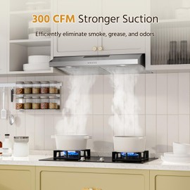 FIREGAS Under Cabinet Range Hood 30 inch with Brushless DC Motor, LED Light, 3 Speed Exhaust Fan, Reusable Aluminum Filters, Push Button,Stainless Steel Range Hood,with Charcoal Filter