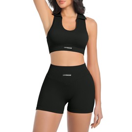 YOAKUKA - Conjunto de 2 piezas para mujer, cuello polo, elástico acanalado, sin costuras, para levantamiento de glúteos, pantalones cortos de entrenamiento para yoga, Negro -, M