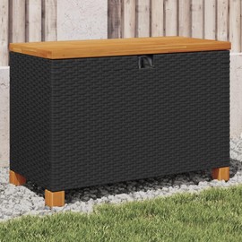 vidaXL Black Poly Rattan Patio Storage Box with Acacia Wood Top and Water-Resistant Bag - 31.5x15.7x18.9 Inches