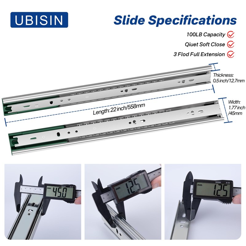 Ubisin 22 Inch Soft Close Drawer Slides Full Extension Ball