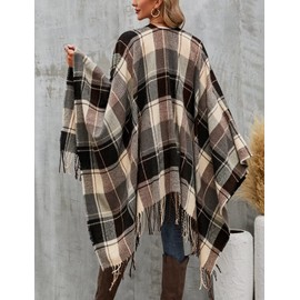 Women's Plaid Poncho Pashmina Shawl Wrap Cape Sweater Knitting Kimono Cardigan Brown