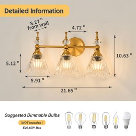 3-Light Bathroom Vanity Light Fixtures Over Mirror,Brushed Gold Modern Vanity Lights with Glass Shade Vintage Farmhouse Wall Sconce for Bedroom Dressing Room Living Room Hallway Cabinet