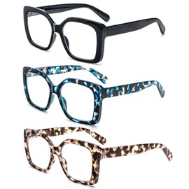 REAVEE 3 Pack Wide Oversized Reading Glasses for Women, Blue Light Blocking Computer Fashion Square Readers with Spring Hinge 2.0