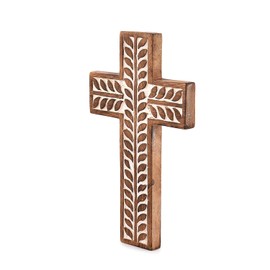 NIRMAN Mango Wood Religious Catholic Cross Wall Hanging Floral Carvings Living Room Home Décor for Entryway Office Living Room (10" x 6" x 0.75")