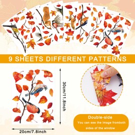 Whaline 9 Sheets Fall Thanksgiving Window Cling Bird Branch Leaves Window Sticker Colorful Double-Sided Window Decal for Autumn Holidays Thanksgiving Harvest School Home Party Decor, 7.9 x 11.8 Inch