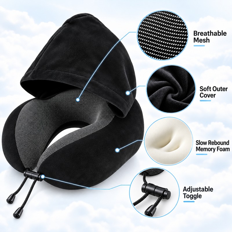 Hooded Travel Neck Pillow for Airplane & Car – U-Shaped