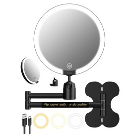 30X/1X Wall Mounted Lighted Makeup Mirror, 6inch Double Sided 1X/30X Magnifying Makeup Mirror with 3 Color Lighting, Rechargeable Bathroom 30X Magnification Mirror 360° Rotation Extendable Folding Arm