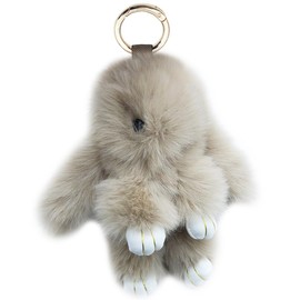 Xsclpomddy Bunny Keychain Soft Cute Faux Rabbit Fur Fluffy Pompom Keyring for Car Handbag Lovely Charm Ring,light khaki,5.9in