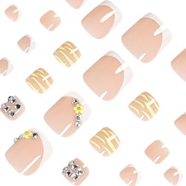 24 PCS Press on Toenails Short 3D Rhinestone Fake Toe Nail Press Ons Yellow White French Toe Nail Tip Acrylic Kit Glue on Nails Full Cover False Toenails Gradient Design Stick on Toenails for Women