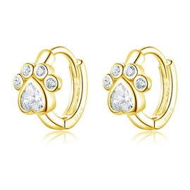 Cute Puppy Cats Paw Print Hoop Earrings for Women Girls Sterling Silver 925 Earrings Zirconia Crystal Small Huggie Hoop Earrings Cartilage Earrings, Gold Plated, Cubic Zirconia