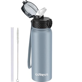 GOPPUS 600ml/20oz Stainless Steel Water Bottle with Straw Insulated Sports Bottle Cold Flask with Straw Double Walled Flip up Metal Water Bottles Leakproof Water Bottle for Gym Sports