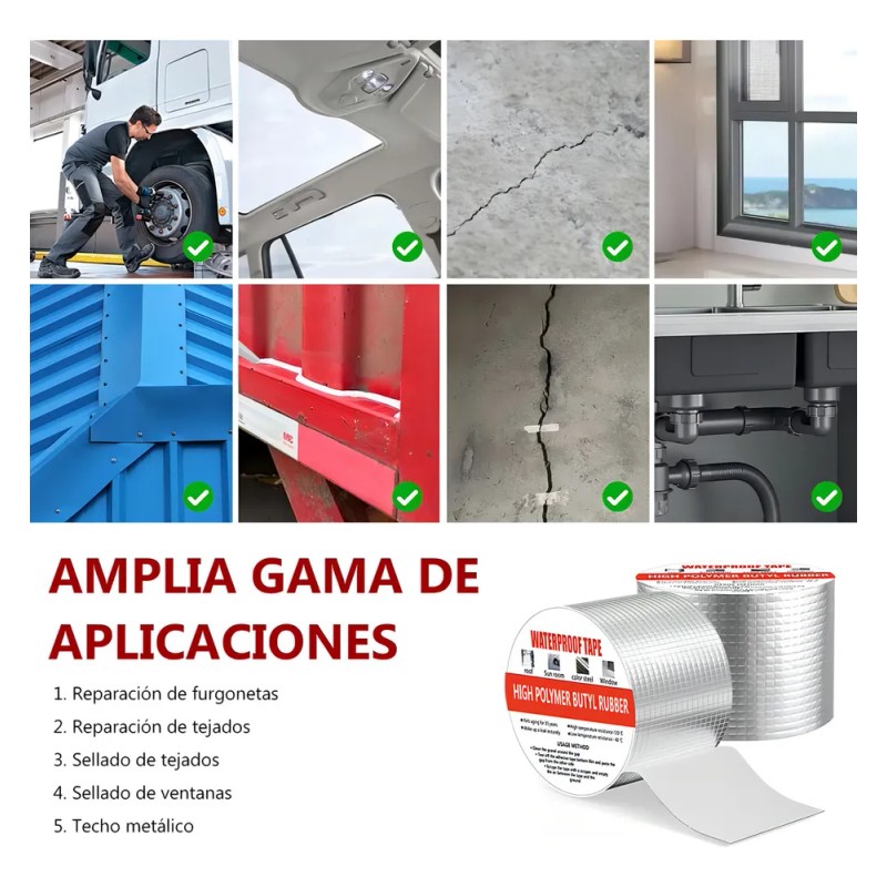 Cinta Impermeable Butilo Glowlin 10m x 10cm Tapa Goteras Plata