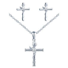 Yumilok Women's Necklace Chain Earrings Stud Earrings Jewellery Sets 925 Sterling Silver with Cross Rose Pendant for Women Girls, Sterling Silver Sterling Silver Zirconia, Cubic Zirconia