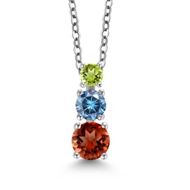 Gem Stone King Red Garnet Persian Blue Moissanite Green Peridot 3 Stone Pendant Necklace For Women (1.35 cttw, Gemstone Birthstone, Round 5MM, 4MM and 3MM, with 18 Inch Chain)