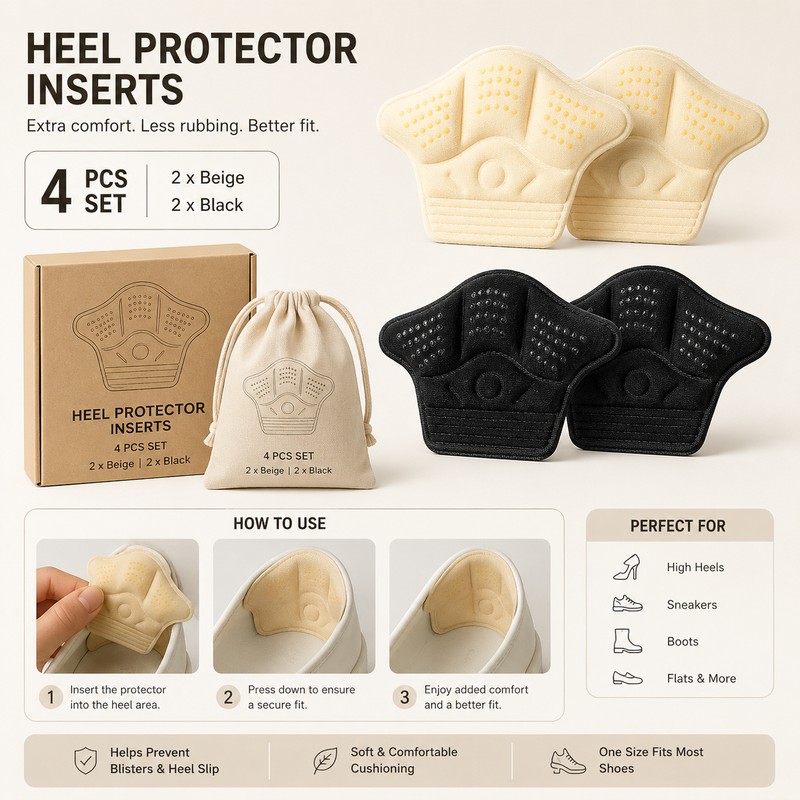 4-Pack Heel Cushion Inserts for Loose Shoes – Soft Fabric