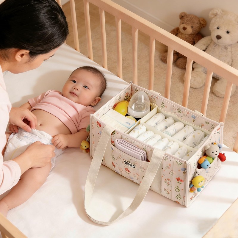 SEISSO Diaper Caddy Organizer with Handle, Portable Baby Gift Basket,