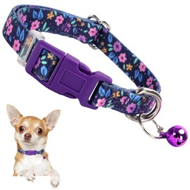 Cute Puppy Collar with Bell-Nylon Dog Collar for Small Breeds, Adjustable XXS XS Tiny Pet Little Dogs Girl Kitten Female Small Animal, for Puppies Purple Flowers X-Small