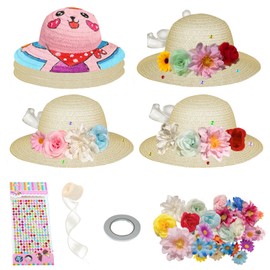 12 Set DIY Tea Party Hats for Girls Straw Hat with Artificial Flowers for Girls Home School Creative Craft Art Painting Hats Cowboy Dress Up Straw Hat Tea Birthday Party Decoration Favors Supplies