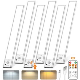 Under Cabinet Lighting with Remote Control,2500mAh USB Rechargeable Motion Sensor Light Indoor,350 Lumen LED Closet Light,3 Color Temps Wireless Under Counter Lights for Bedroom,Wardrobe,Stairs,6 Pack