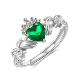 TANGPOET Claddagh Rings for Women 925 Sterling Silver Irish Rings Adjustable Clover Shamrock Green Heart Crown ST Patricks Day Jewelry Gifts for Mom