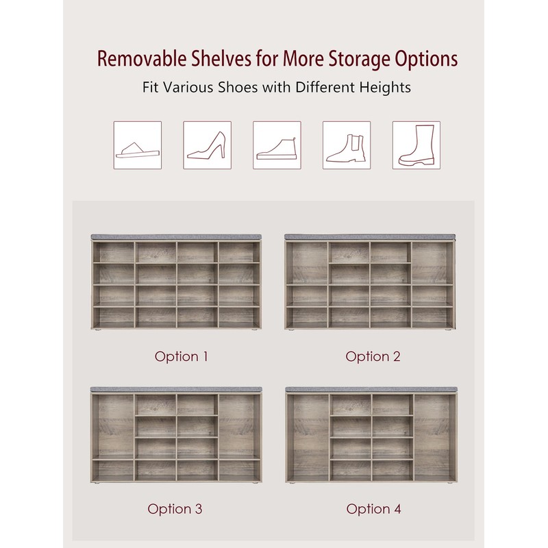 DINZI LVJ Shoe Storage Bench with Cushion, 16-Cubby Shoe Rack,