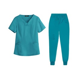 Meichoon Medical Scrubs Set Classic V-Neck Top with Jogging Pants with Pockets Uniform Natural Skin Friendly DK06 Lake Blue Large