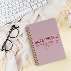 QLMX Pink Christian Bible Journal Spiral Notebook, Just a Girl Who Loves Jesus Journal Notebook, Religious Church Office Supplies Gifts for Women Teen Girls, 5.5x8.3 Inch