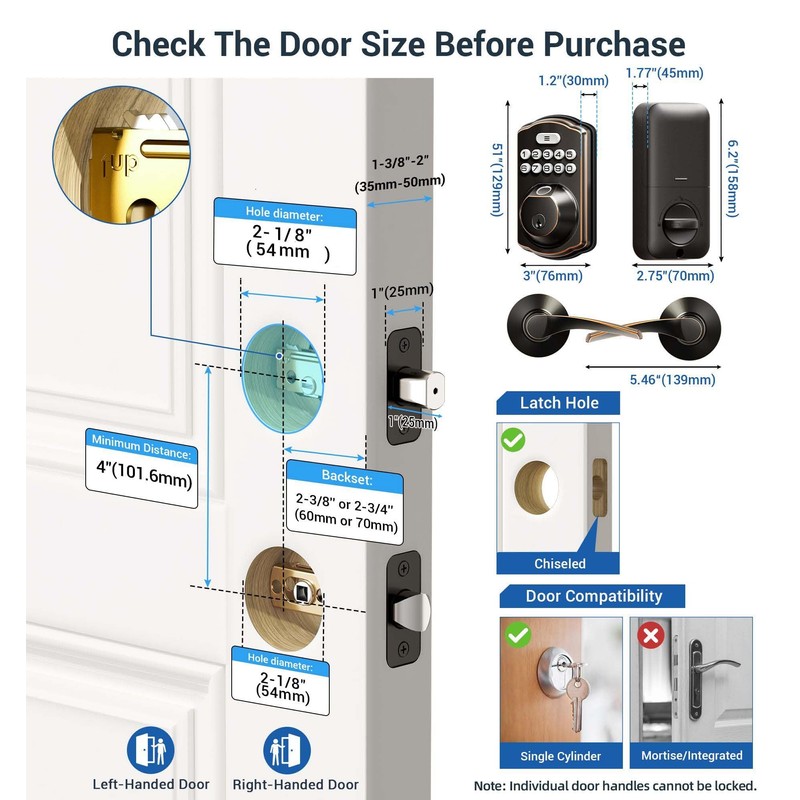 Veise Fingerprint Door Lock with 2 Lever Handles - Keyless