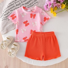 CETEPY 5t Girls Clothes Baby Summer Outfits Cute Bow Print T-Shirt + Shorts 2pcs Orange Set 4-5 Years Old