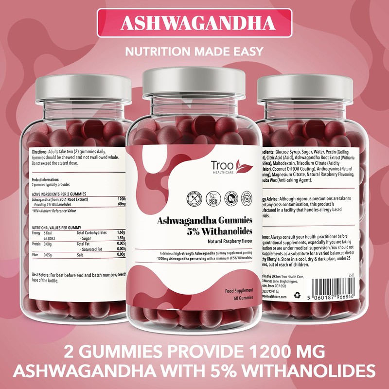 Ashwagandha Gummies 1200mg - 60 Delicious Natural Raspberry Flavour Gummy