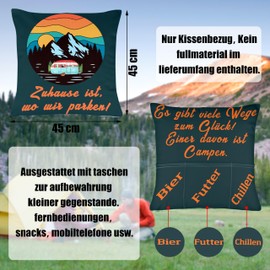 Merclix Camping Gifts Cushion Cover 45 x 45 cm with 3 Pockets Camping Accessories Camper Gifts Camping Gadgets Funny Motorhome Gadgets Motorhome Accessories Caravan Accessories Motorhome Gifts for