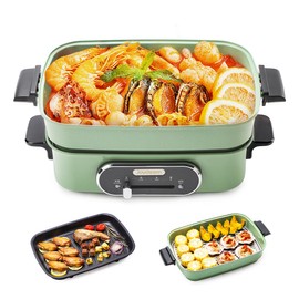 Joydeem 3-in-1 Electric Hot Pot, Multi-use Shabu Shabu Pot with Grill Pan & Steamer, Non-stick Ceramic Oil Coating, UL Listed, JD-HG9088G, Green