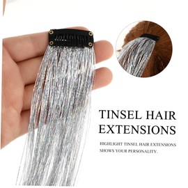 WOONEKY 1000pcs Hair Tinsel Extensions for Women and Girls Holographic Glitter Highlights for Parties of Strands Silver Easy to Use No Hair Damage for Night and Daily Wear