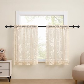 Beige Lace Cafe Curtains 24 Inch Length 2 Panels set Country Floral Sheer Curtains Rod Pocket Short Kitchen Curtains Decor Light Filtering Small Window Bathroom Basement RV Laundry Camper, 26x24