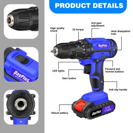 Dayplus Cordless Drill 21V Li-Ion Drill Driver Set Combi Electric Fast Charger & Battery
