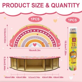 SHENSAIGO Pen Holder Children's Rainbow, Wooden Pen Holder Children, Desk Organiser with 12 Coloured Pencils, Pen Organiser Pen Holder Desk for Home Office Classroom Organisation