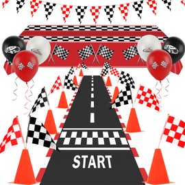 Race Car Party Decorations, Checkered Flag Party Supplies-12 Traffic Cones and 24 Racing Checkered Flags, 6.5Ft Racetrack Floor Runner and 9.8ft Checkered Flag Banner, Tablecloth, Balloons and Ribbons
