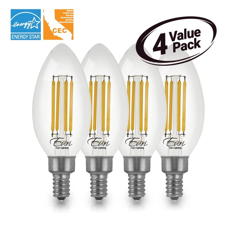 Euri Lighting VB10-3020cec-4, 4-Pack Dimmable LED B10 Filament, 5.5W (50W