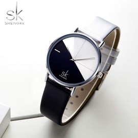 SHENGKE Creative Contrast Color Simplicity Women Watch Genuine Leather Elegant Women Watches Ladies Wristwatch(K0095-Black&White)