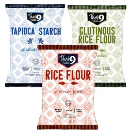 Thai 9 Variety of Premium Flours - Tapioca Starch, Glutinous Rice Flour & Rice Flour 400g (Pack of 3) NO ARTIFICIAL