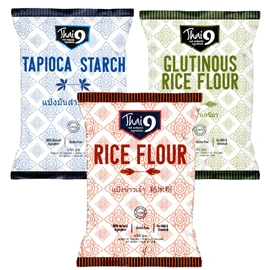 Thai 9 Variety of Premium Flours - Tapioca Starch, Glutinous Rice Flour & Rice Flour 400g (Pack of 3) NO ARTIFICIAL