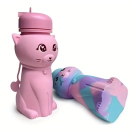 Generic Cat Water Bottle,Collapsible Water Bottle for Kids,Cute Water Bottles -Kawaii Cat Appearance - Portable Leak Proof with Roll Up Foldable Silicone Features for Sports，BPA Free (Pink)