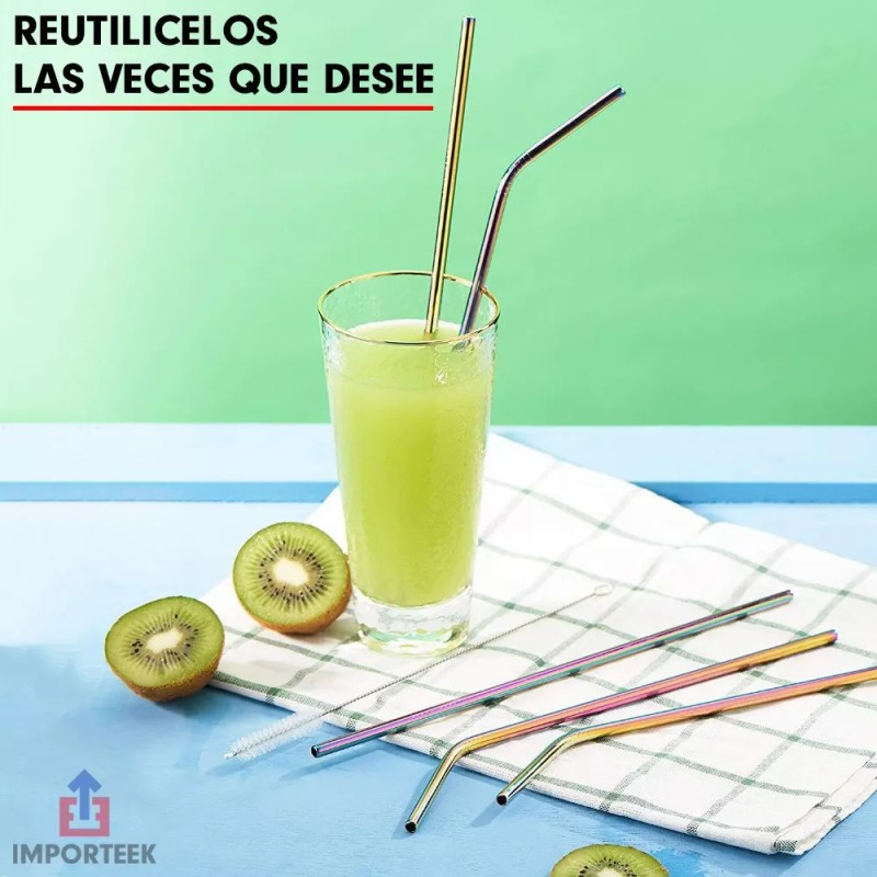 Importeek 2 Popotes Acero Metalico Reusable + Cepillo Limpiador Eco