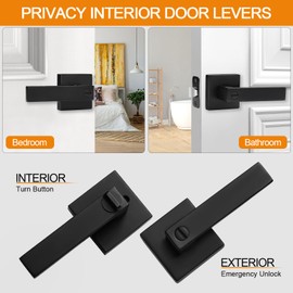 5 Pack Matte Black Door Handles Privacy Door Levers, Keyless Interior Door Knobs Square Door Levers Heavy Duty Door Locks for Bedroom Bathroom, Reversible Flat Levers