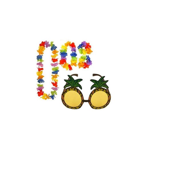 Pineapple Sunglasses & 4pc Hawaiian Multi-Coloured Lei Flower Garland Fancy
