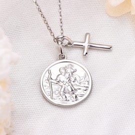FJ Saint Christopher Pendant Necklace 925 Sterling Silver for Women Men Boys St Christopher Necklace and Cross Necklace with 18" Chain