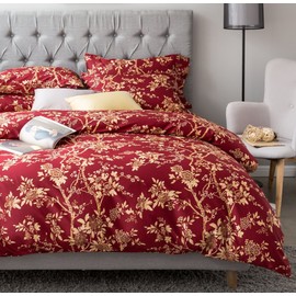 Eastern Floral Chinoiserie Blossom Print Duvet Quilt Cover Navy Blue Tan White Asian Style Botanical Tree Branches Ornamental Drawing 400TC Egyptian Cotton 3pc Bedding Set (Queen, Garnet)