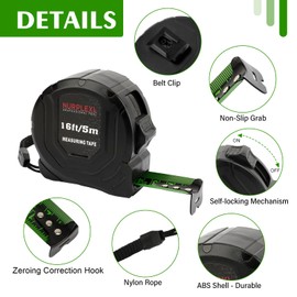 Tape Measure, Measuring Tape, Tape Measure 16 Ft, Measuring Tape Retractable Black Measurement Tape with Self-Locking Belt Clip Fluorescent Coating for Carpenter Surveyors Engineers Electrician